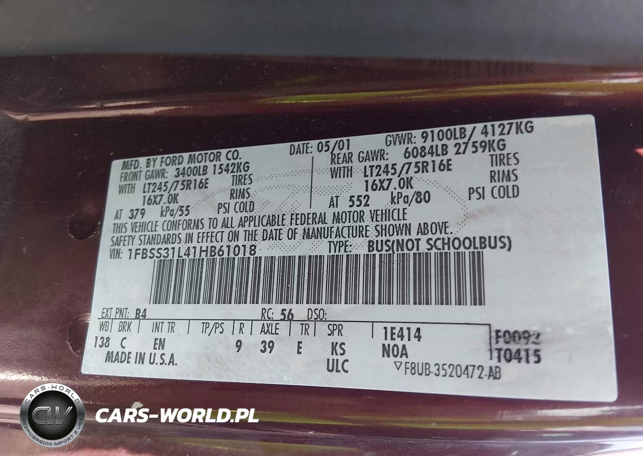 2001 Ford E-350 Super Duty Xl-Xlt VIN:1FBSS31L41HB61018 - 9