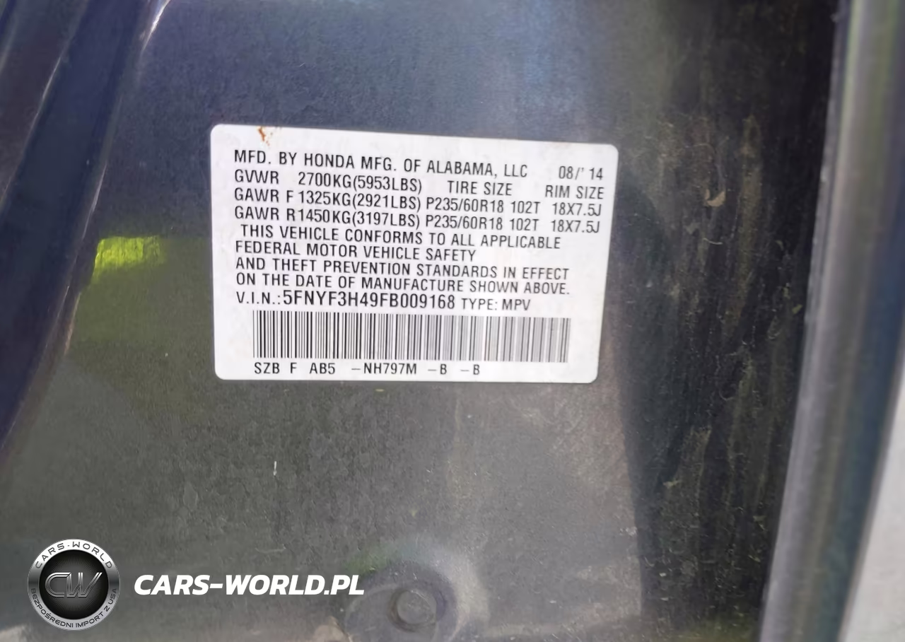 2015 Honda Pilot Ex VIN:5FNYF3H49FB009168 - 9