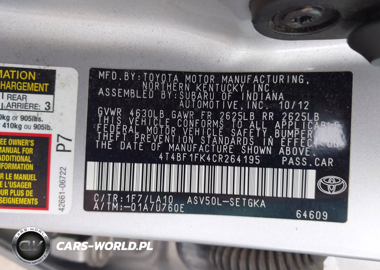 2012 Toyota Camry Xle VIN:4T4BF1FK4CR264195 - 9