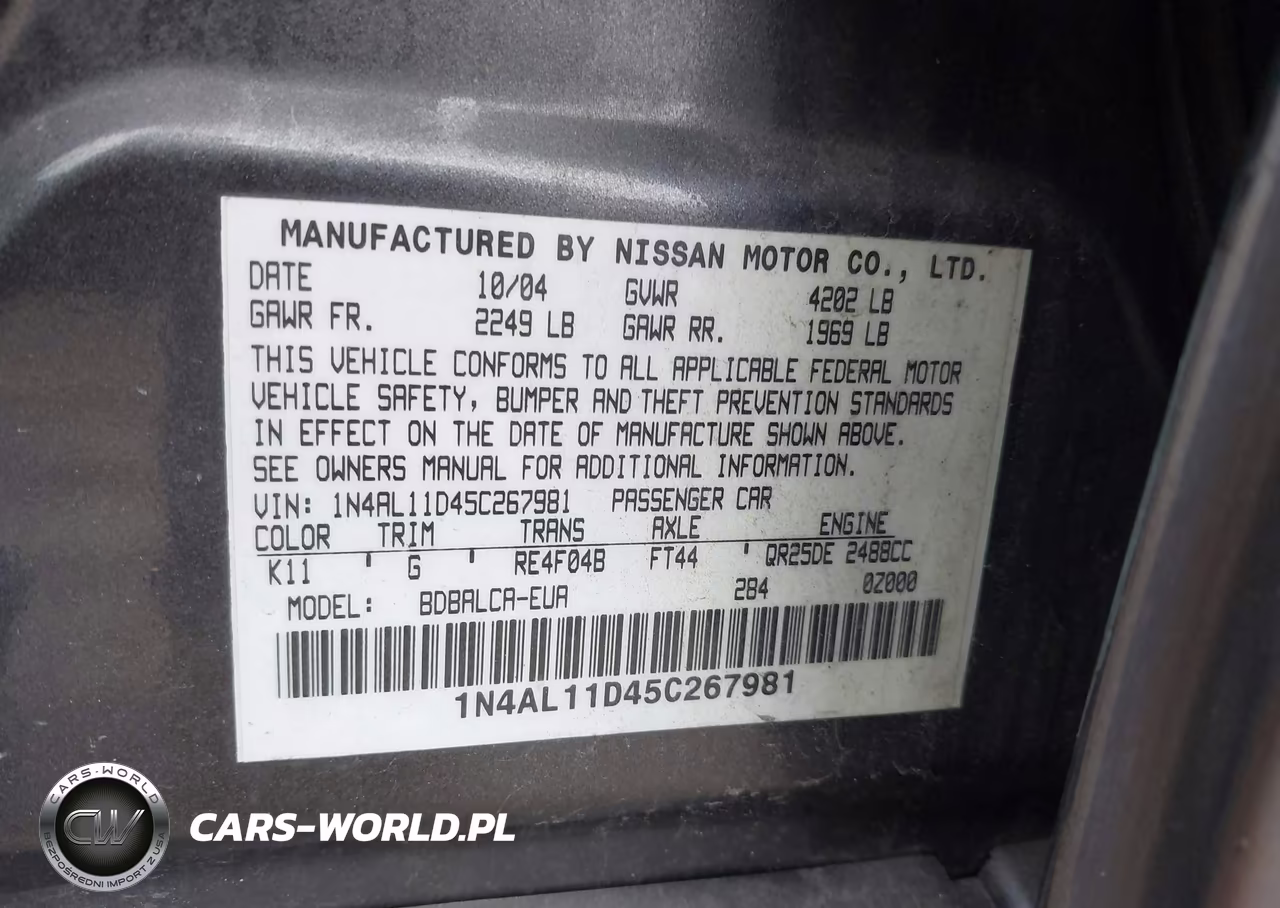2005 Nissan Altima 2.5 S VIN:1N4AL11D45C267981 - 9