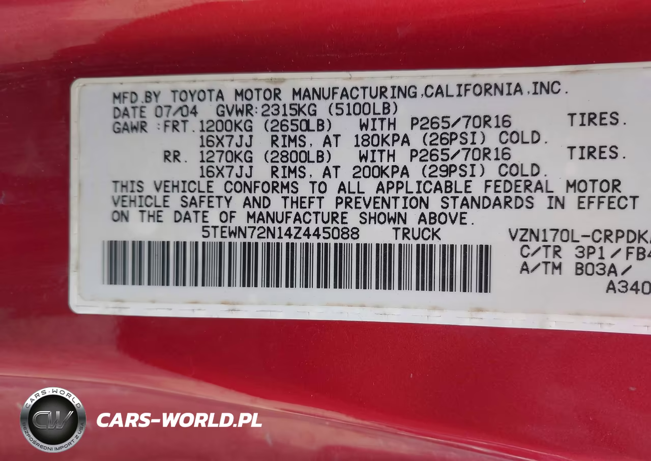 2004 Toyota Tacoma Base V6 VIN:5TEWN72N14Z445088 - 9