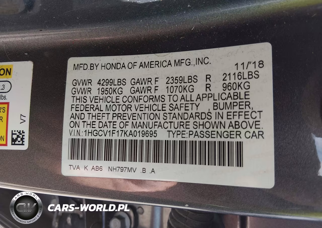 2019 Honda Accord Lx VIN:1HGCV1F17KA019695 - 9