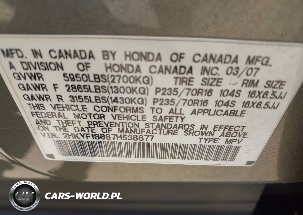 2007 Honda Pilot Ex-L VIN:2HKYF18687H538877 - 9