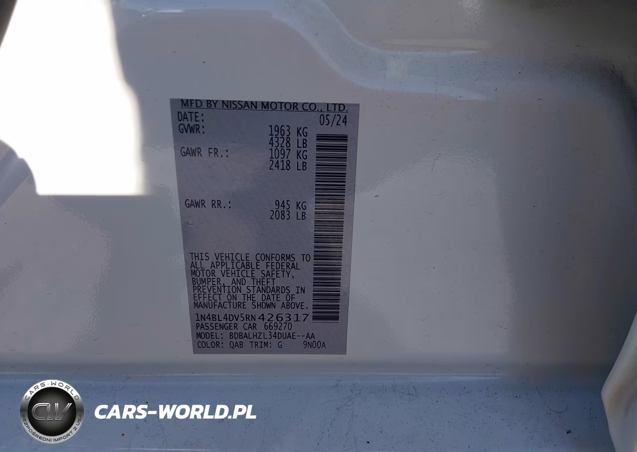 2024 Nissan Altima Sv Fwd VIN:1N4BL4DV5RN426317 - 9