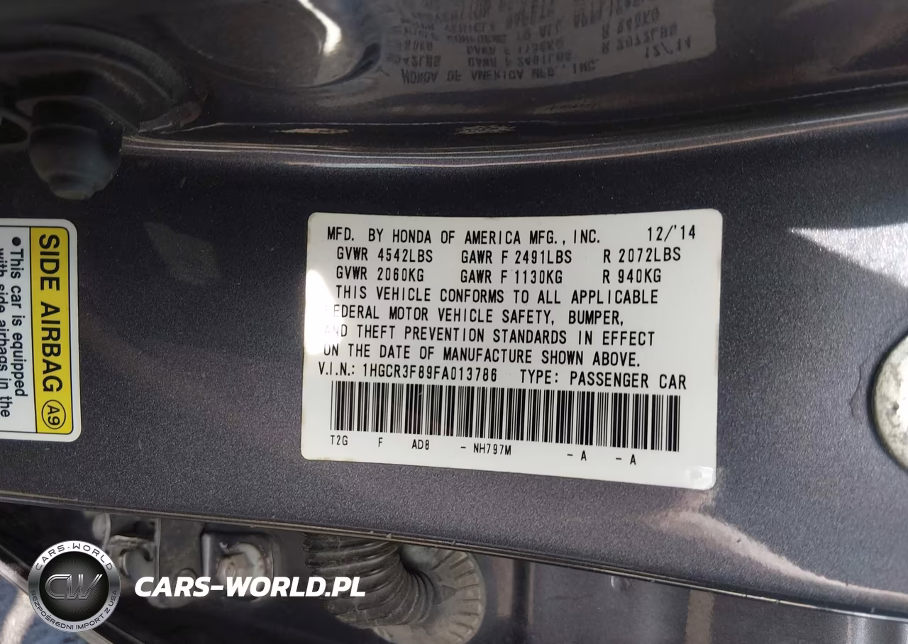 2015 Honda Accord Ex-L V-6 VIN:1HGCR3F89FA013786 - 9