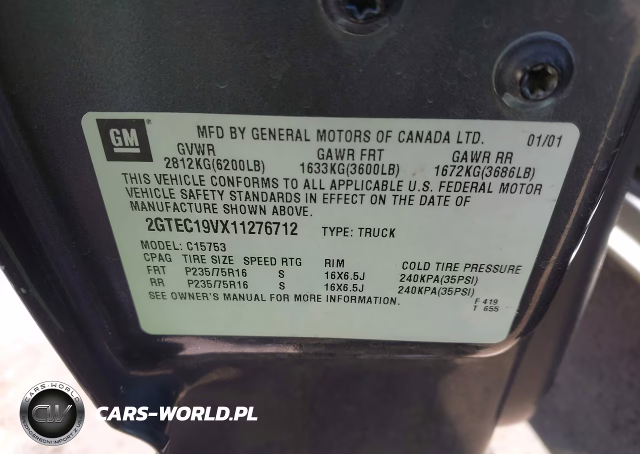 2001 GMC Sierra 1500 Sl VIN:2GTEC19VX11276712 - 9