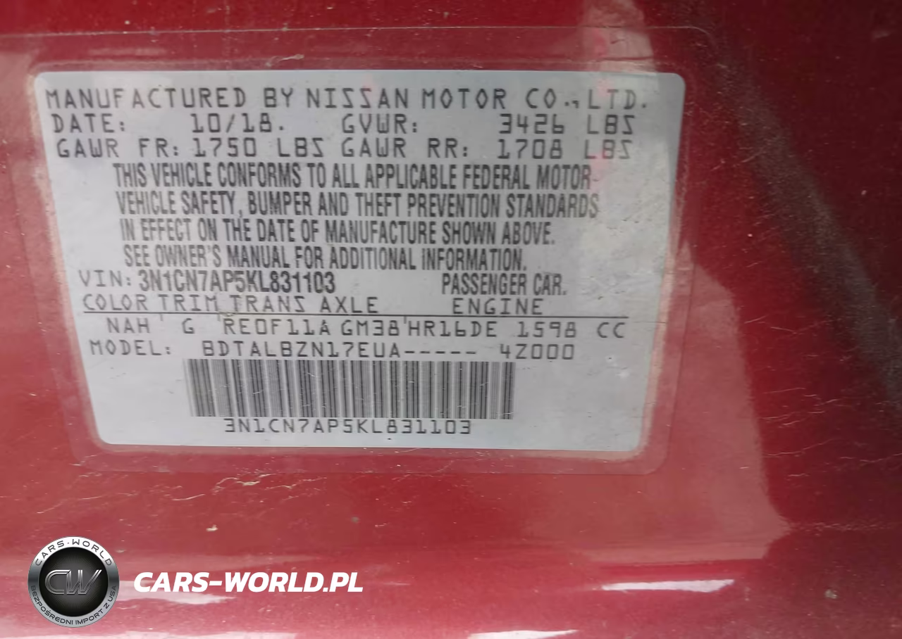 2019 Nissan Versa 1.6 Sv VIN:3N1CN7AP5KL831103 - 9