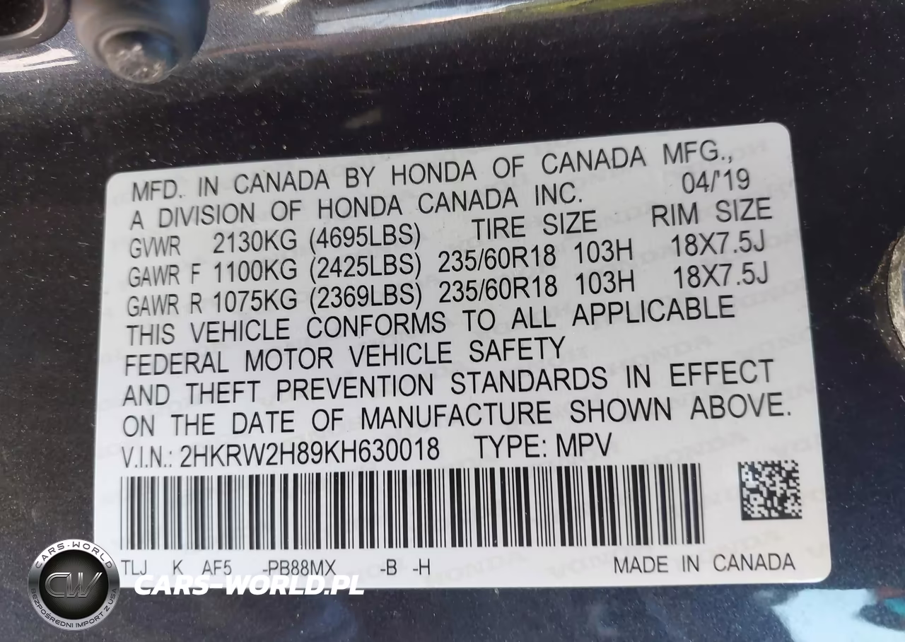 2019 Honda Cr-V Ex-L VIN:2HKRW2H89KH630018 - 9