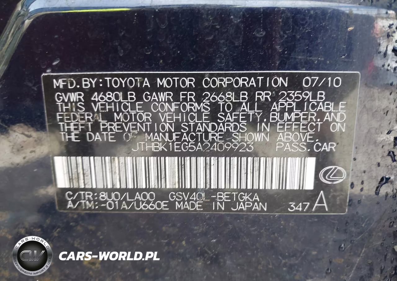 2010 Lexus Es 350 VIN:JTHBK1EG5A2409923 - 9