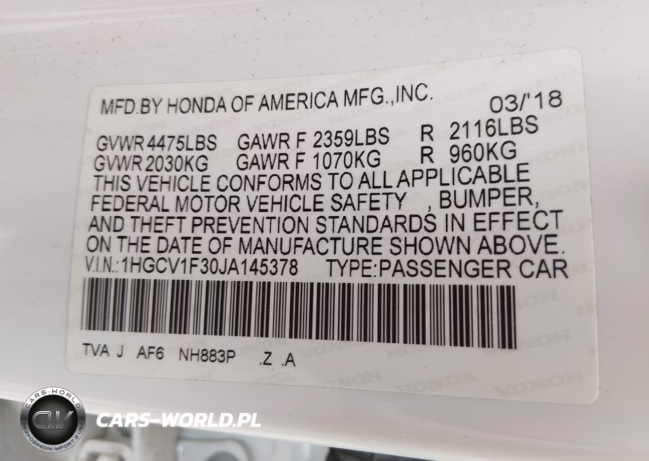 2018 Honda Accord Sport VIN:1HGCV1F30JA145378 - 9