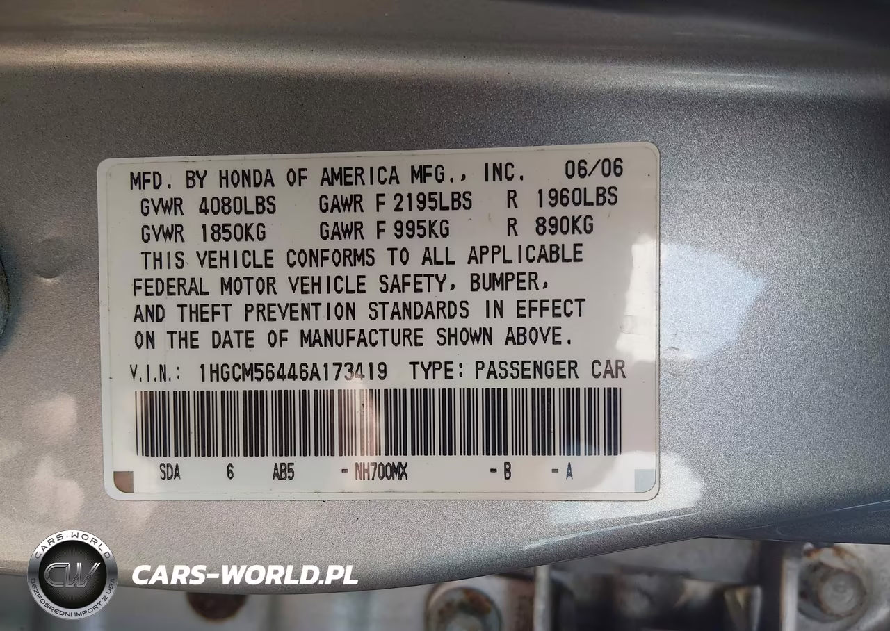 2006 Honda Accord 2.4 Lx VIN:1HGCM56446A173419 - 9