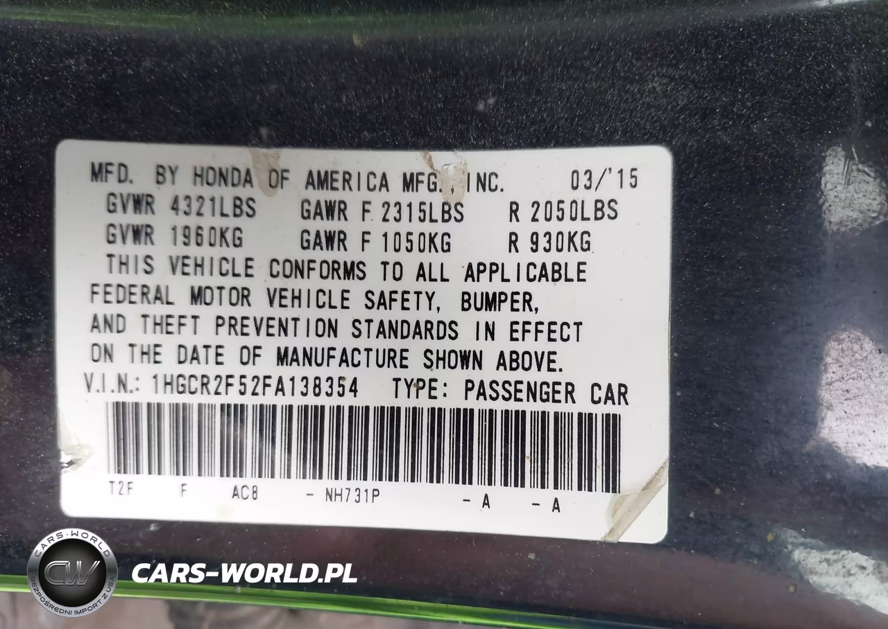 2015 Honda Accord Sport VIN:1HGCR2F52FA138354 - 9