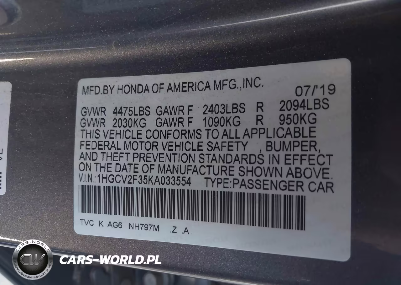 2019 Honda Accord Sport 2.0T VIN:1HGCV2F35KA033554 - 9