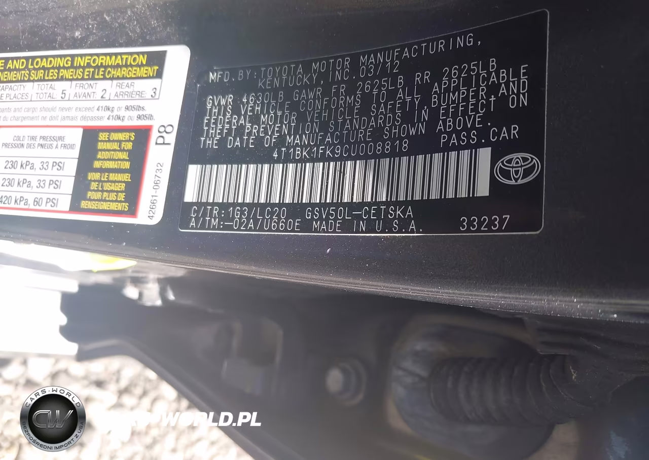 2012 Toyota Camry Se V6 VIN:4T1BK1FK9CU008818 - 9
