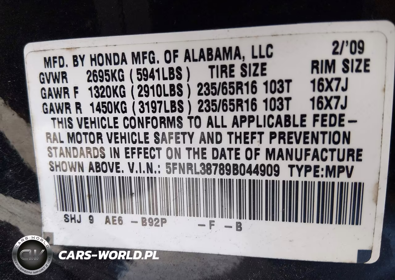 2009 Honda Odyssey Ex-L VIN:5FNRL38789B044909 - 9
