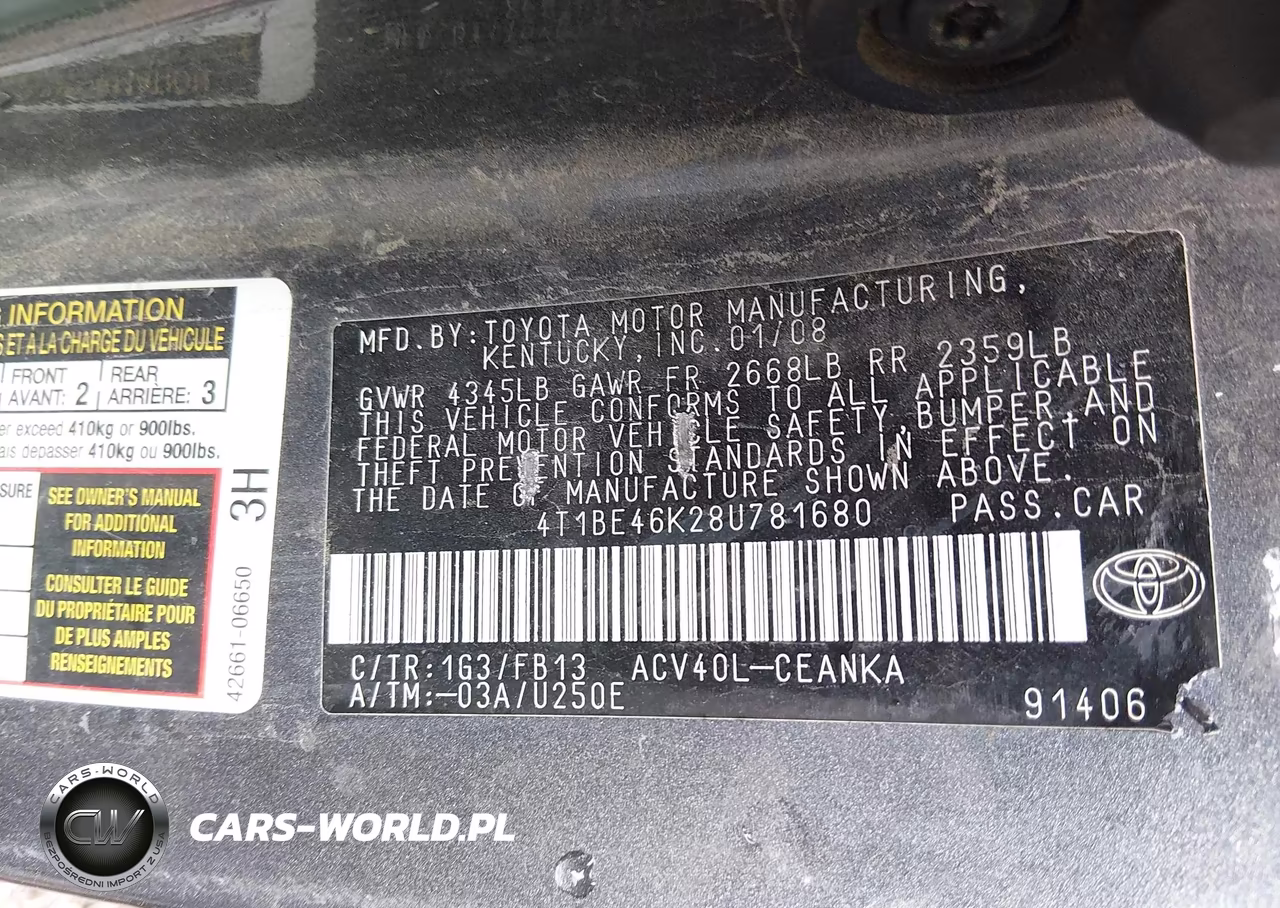 2008 Toyota Camry Le VIN:4T1BE46K28U781680 - 9
