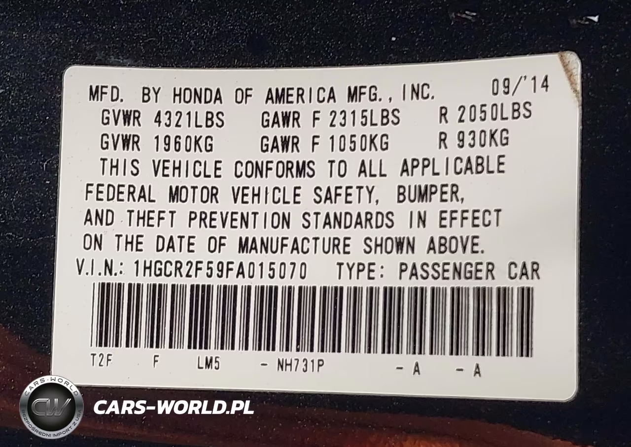 2015 Honda Accord Sport VIN:1HGCR2F59FA015070 - 9