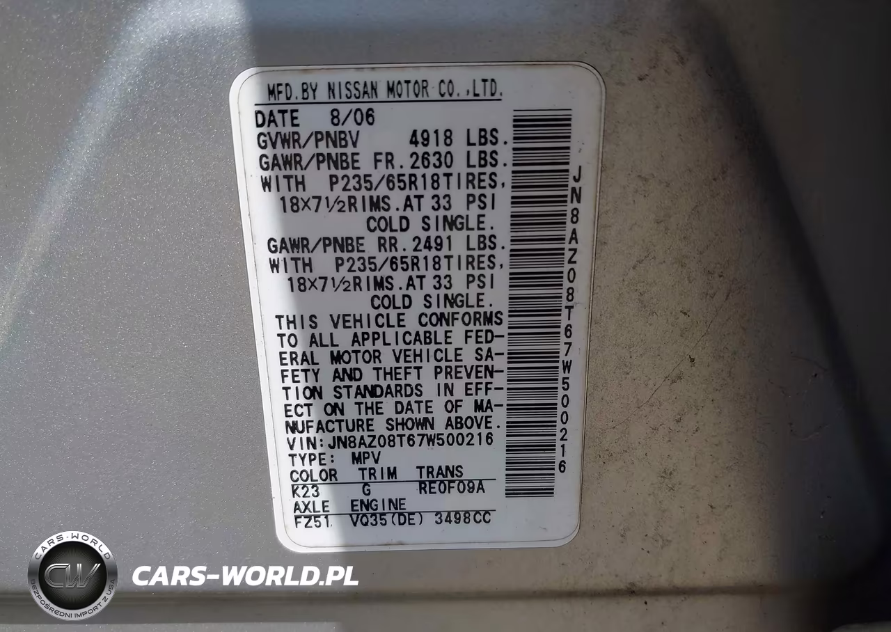 2007 Nissan Murano S VIN:JN8AZ08T67W500216 - 9