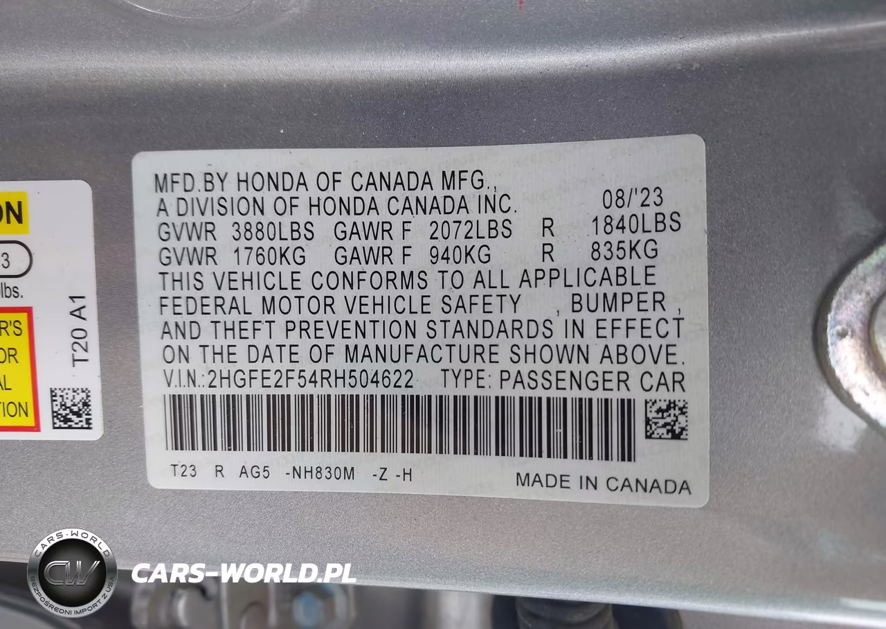 2024 Honda Civic Sport VIN:2HGFE2F54RH504622 - 9