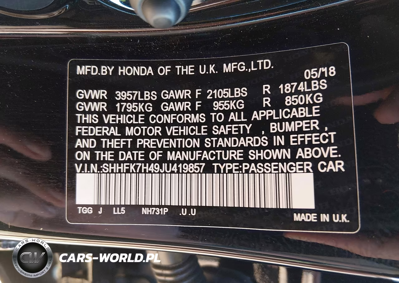 2018 Honda Civic Sport VIN:SHHFK7H49JU419857 - 9