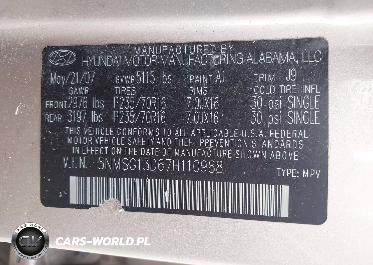 2007 Hyundai Santa Fe Gls VIN:5NMSG13D67H110988 - 9