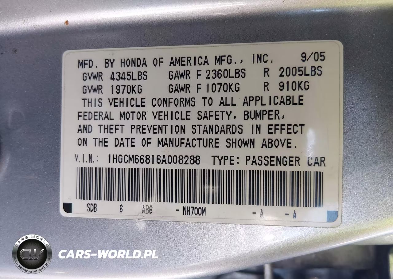 2006 Honda Accord 3.0 Ex VIN:1HGCM66816A008288 - 9