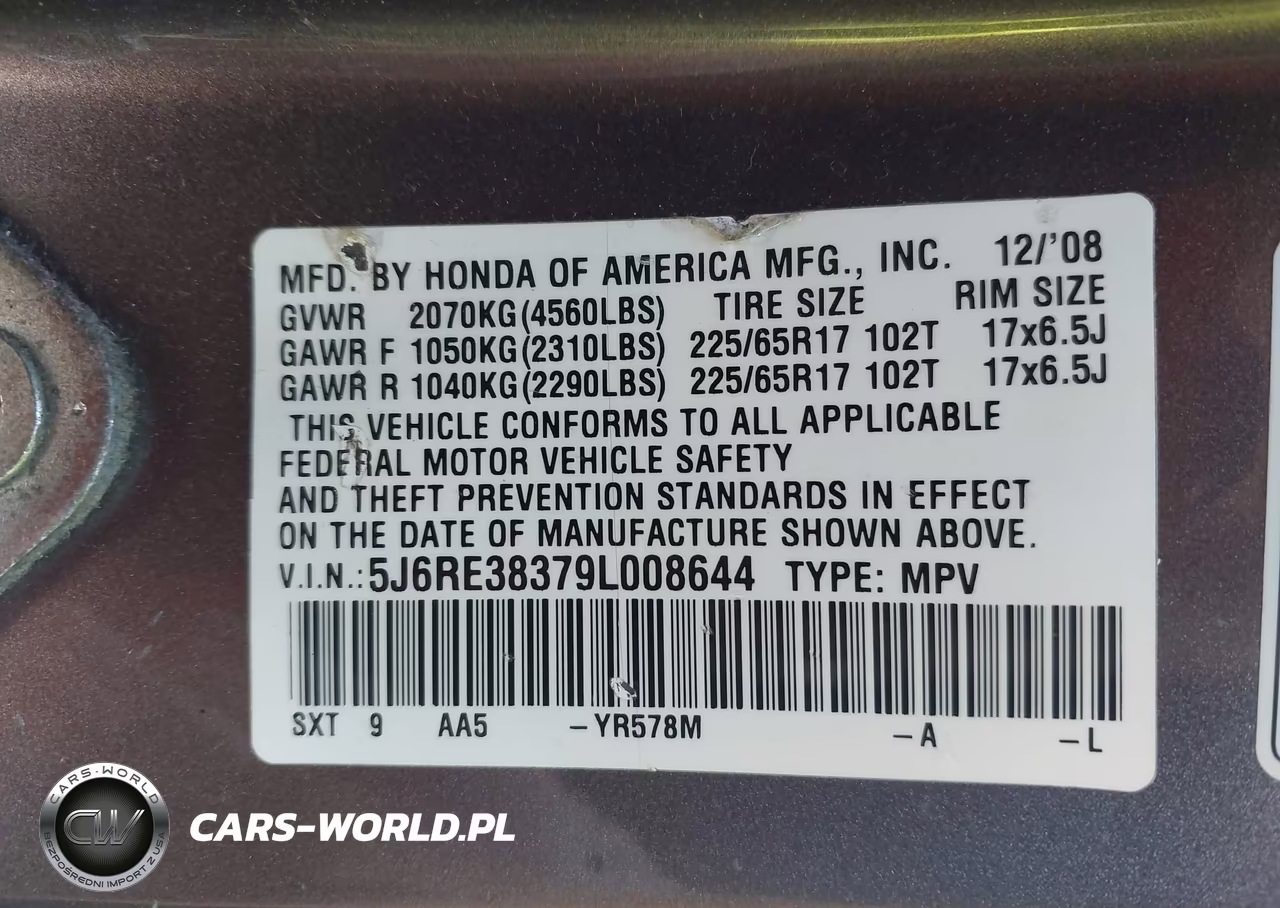 2009 Honda Cr-V Lx VIN:5J6RE38379L008644 - 9