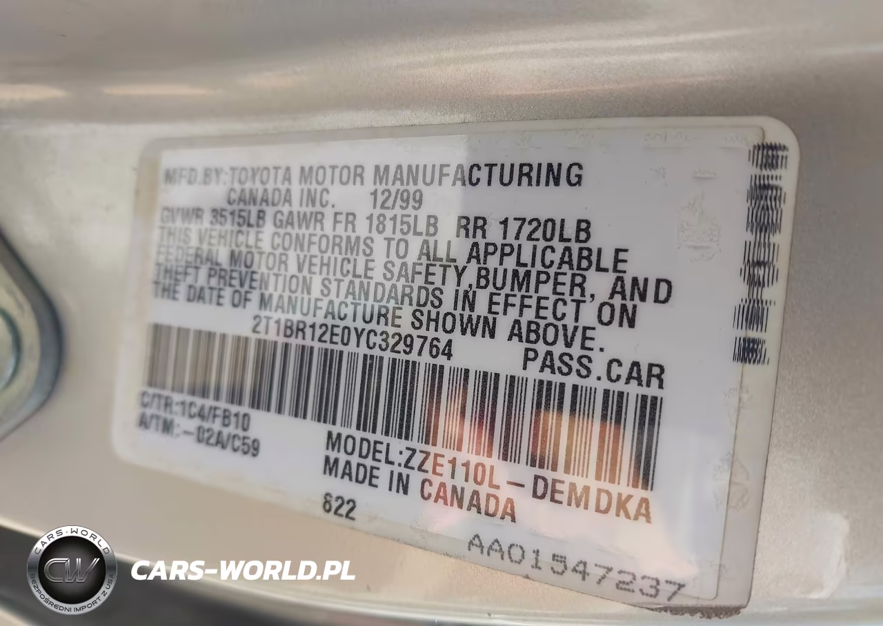 2000 Toyota Corolla Ce VIN:2T1BR12E0YC329764 - 9
