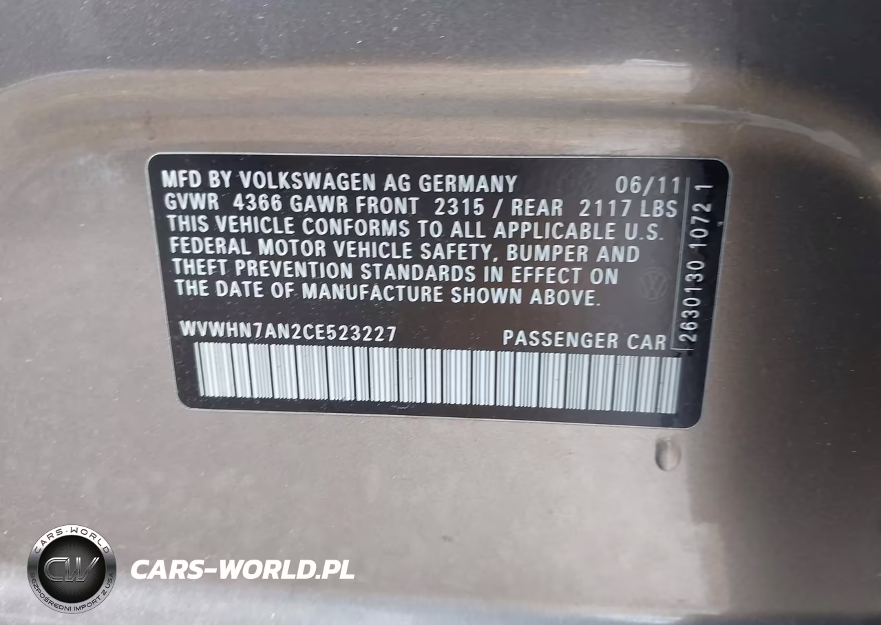 2012 Volkswagen Cc Lux Plus VIN:WVWHN7AN2CE523227 - 9