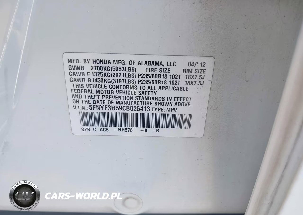 2012 Honda Pilot Ex-L VIN:5FNYF3H59CB026413 - 9