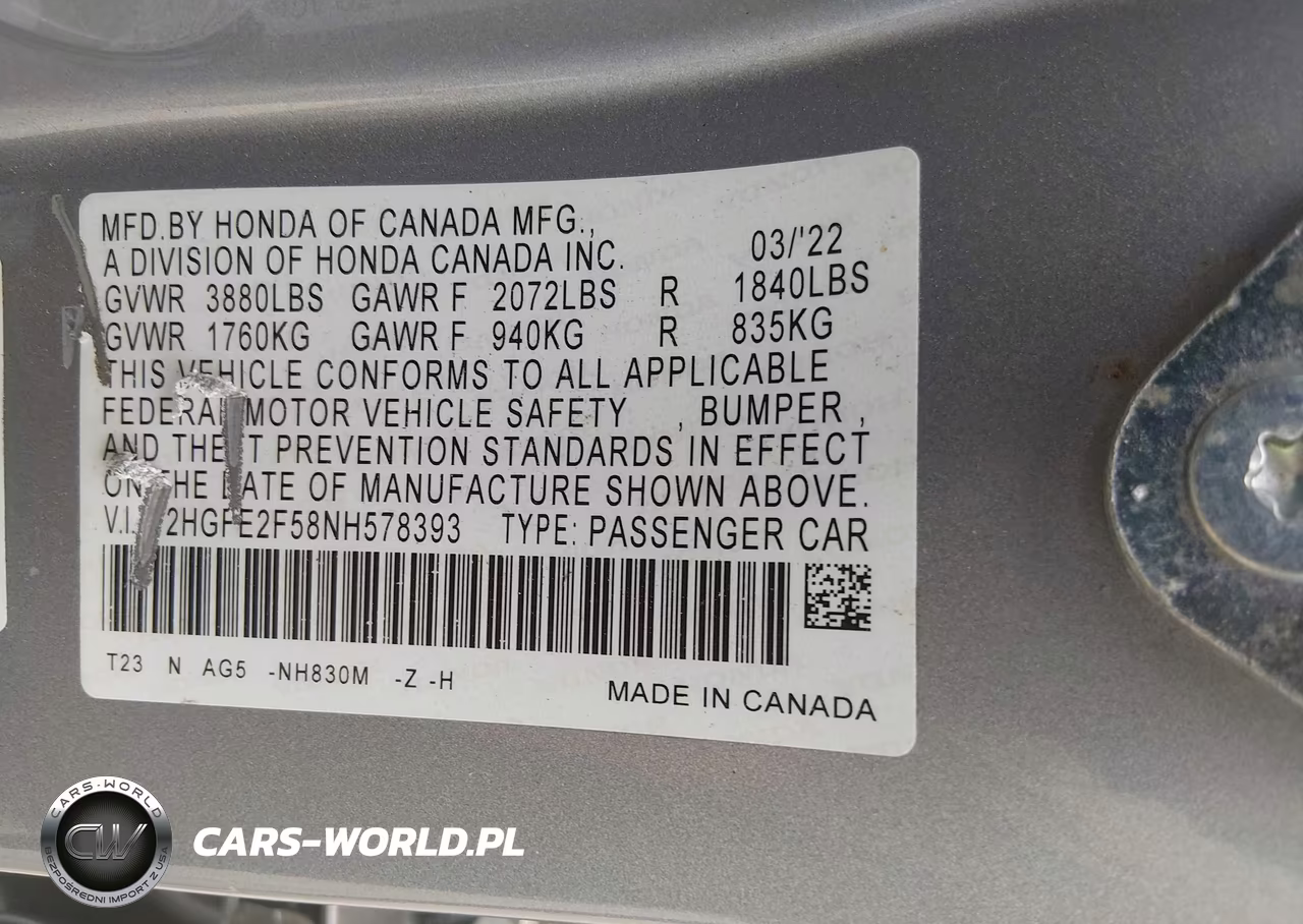 2022 Honda Civic Sport VIN:2HGFE2F58NH578393 - 9