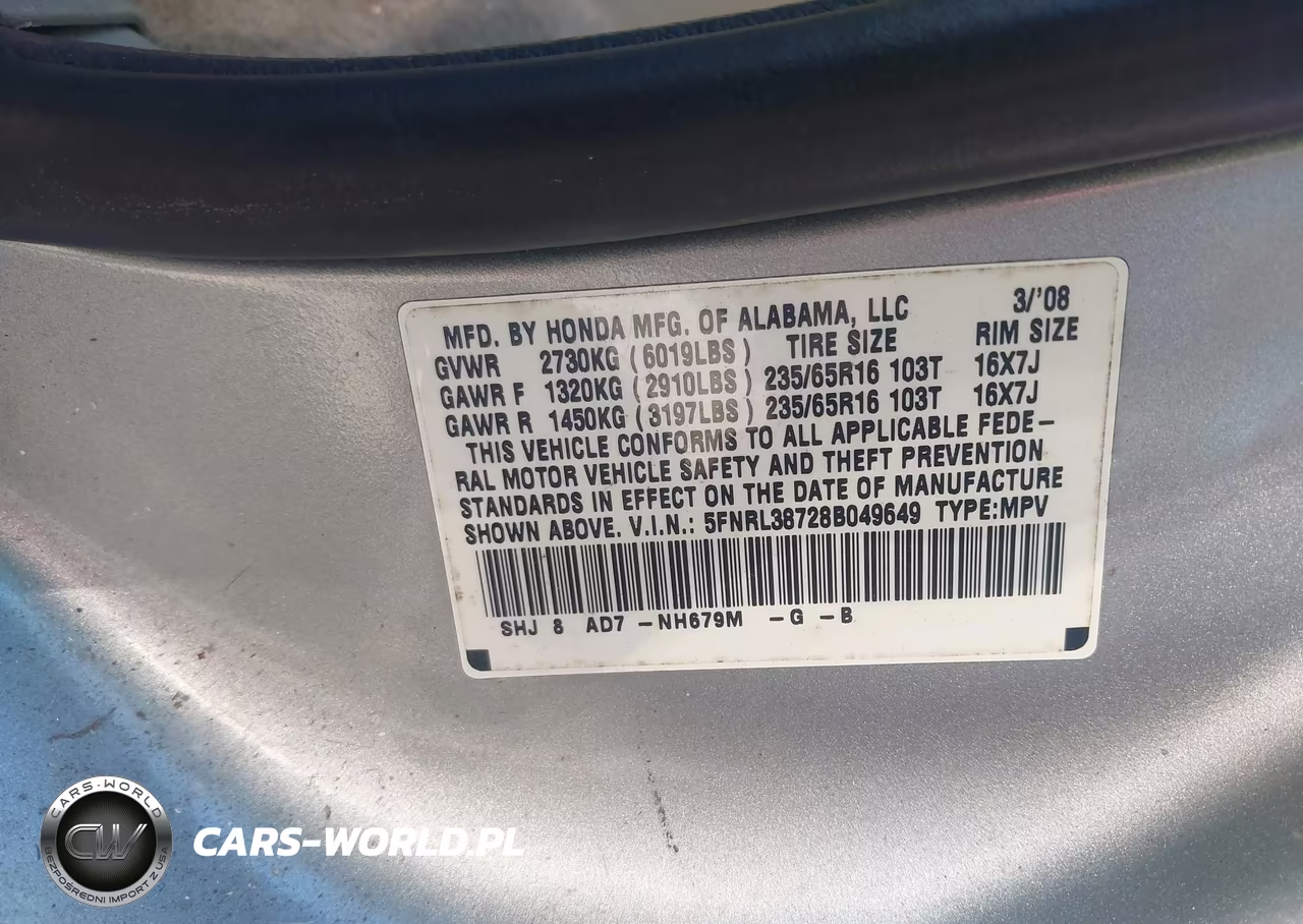 2008 Honda Odyssey Ex-L VIN:5FNRL38728B049649 - 9