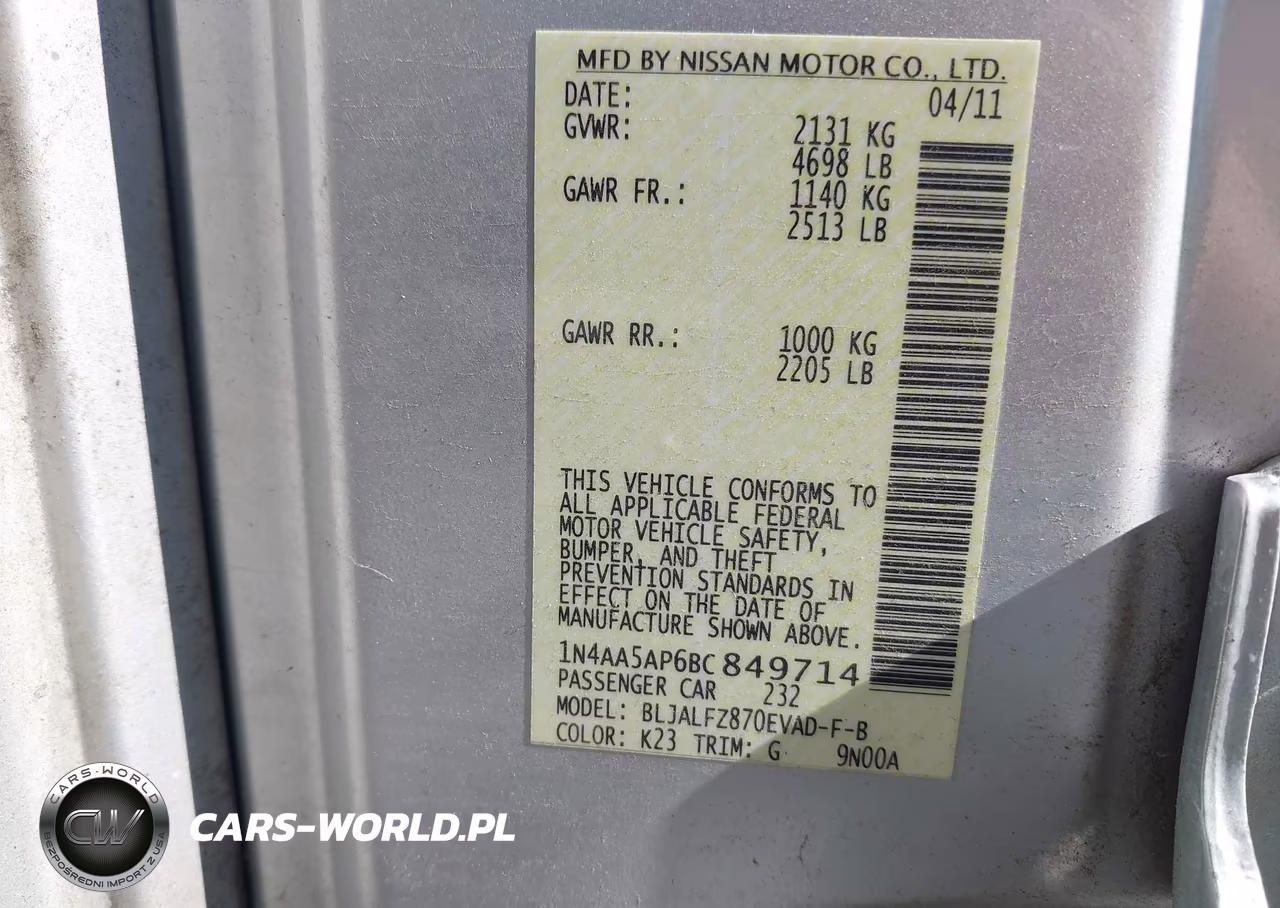 2011 Nissan Maxima 3.5 Sv VIN:1N4AA5AP6BC849714 - 9