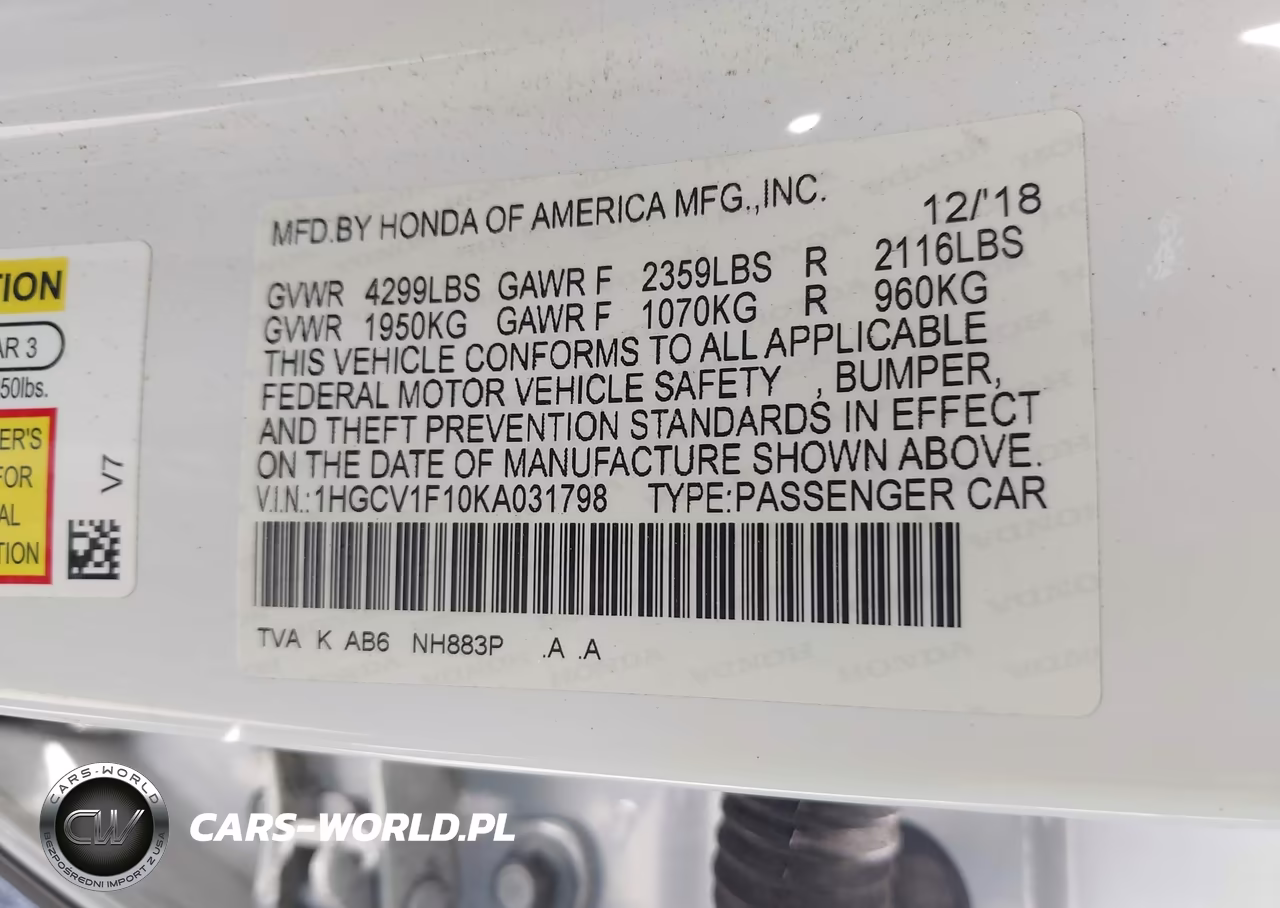 2019 Honda Accord Lx VIN:1HGCV1F10KA031798 - 9