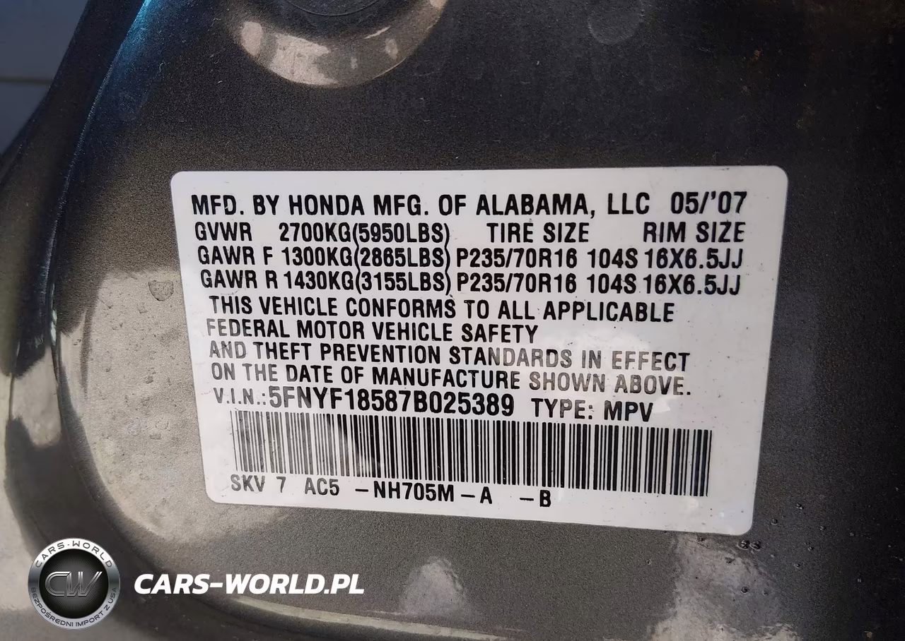 2007 Honda Pilot Ex-L VIN:5FNYF18587B025389 - 9