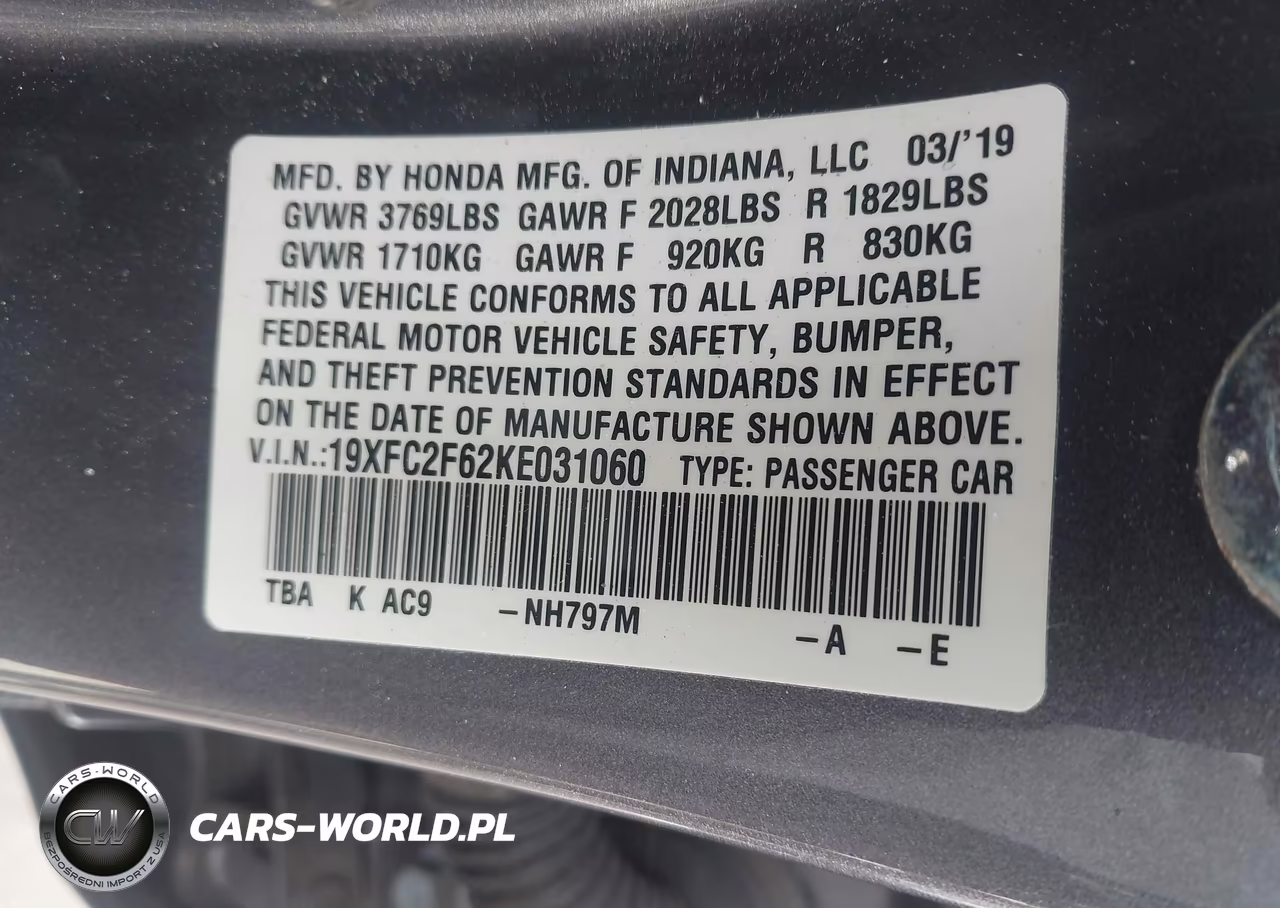 2019 Honda Civic Lx VIN:19XFC2F62KE031060 - 9