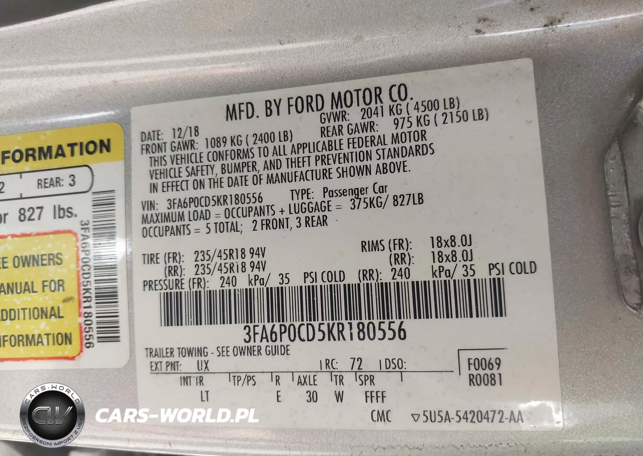 2019 Ford Fusion Sel VIN:3FA6P0CD5KR180556 - 9