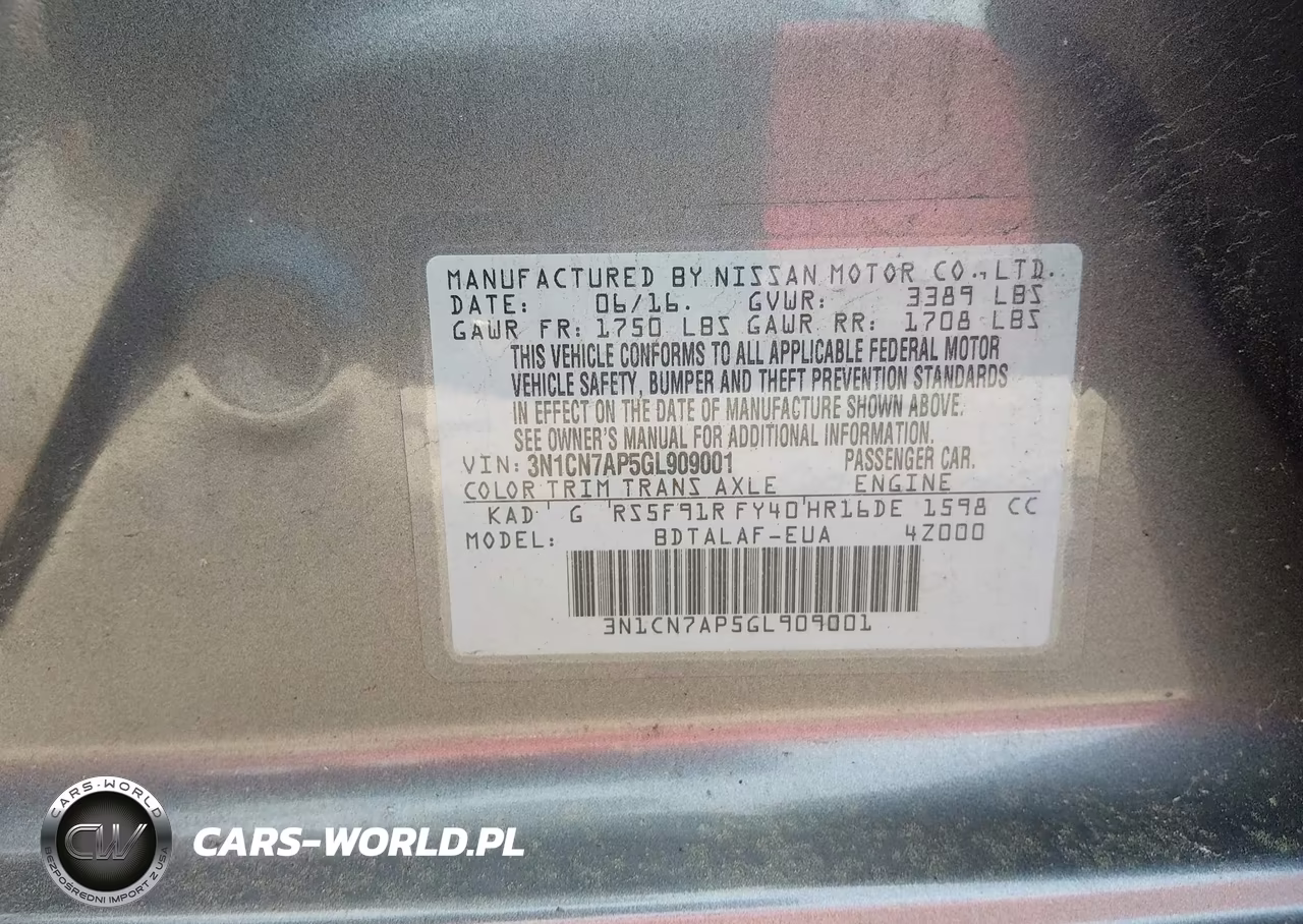 2016 Nissan Versa 1.6 S VIN:3N1CN7AP5GL909001 - 9