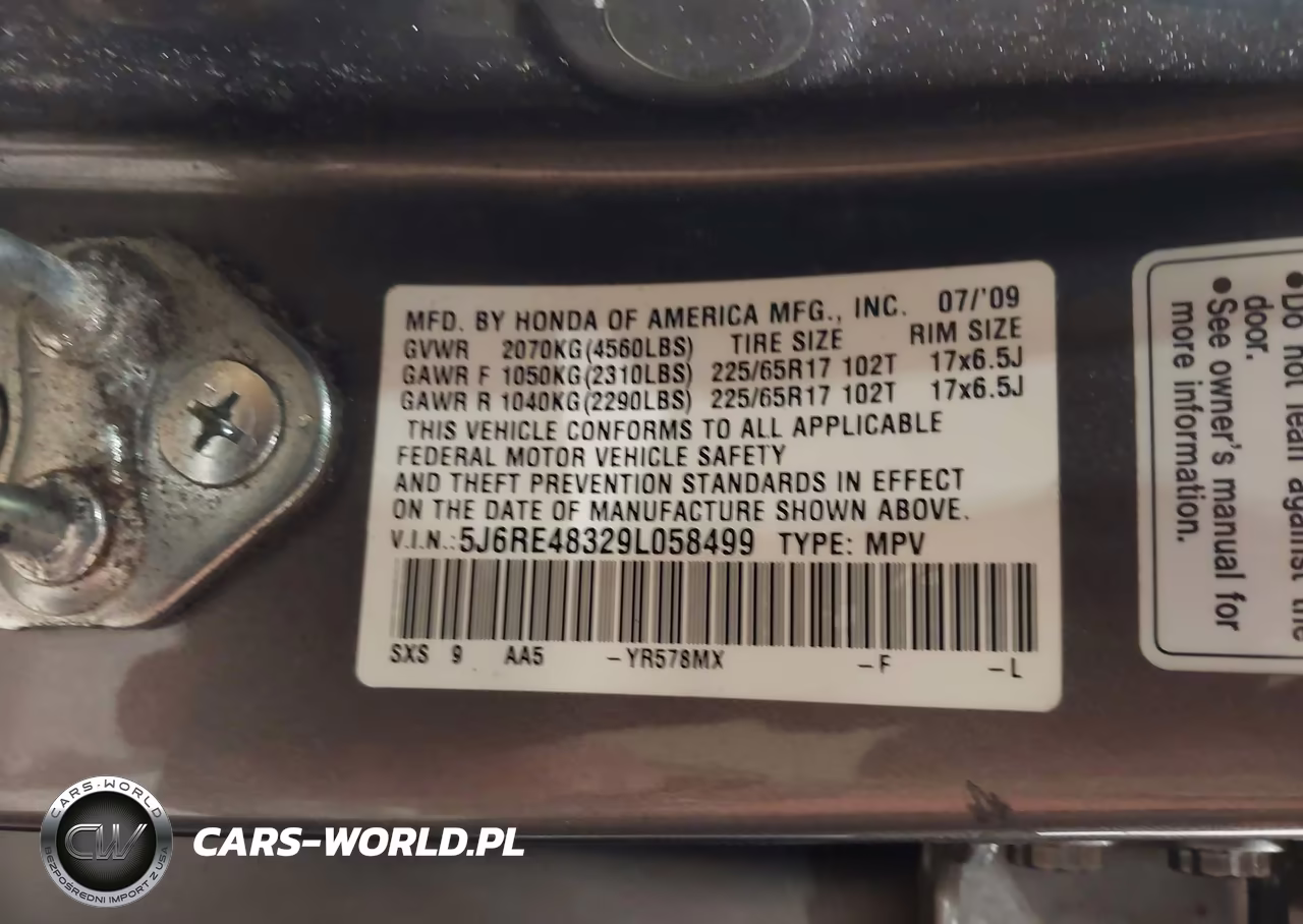 2009 Honda Cr-V Lx VIN:5J6RE48329L058499 - 9