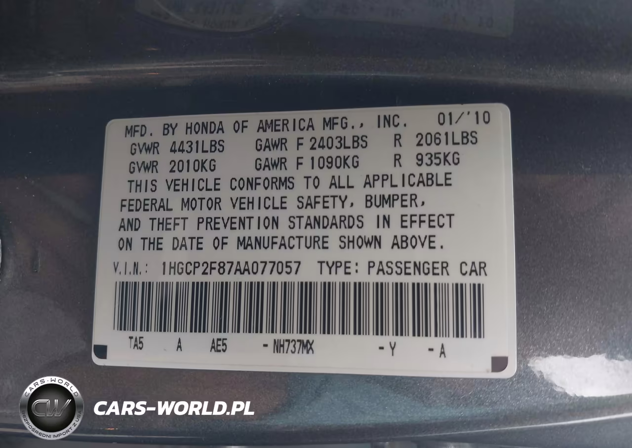 2010 Honda Accord 2.4 Ex-L VIN:1HGCP2F87AA077057 - 9