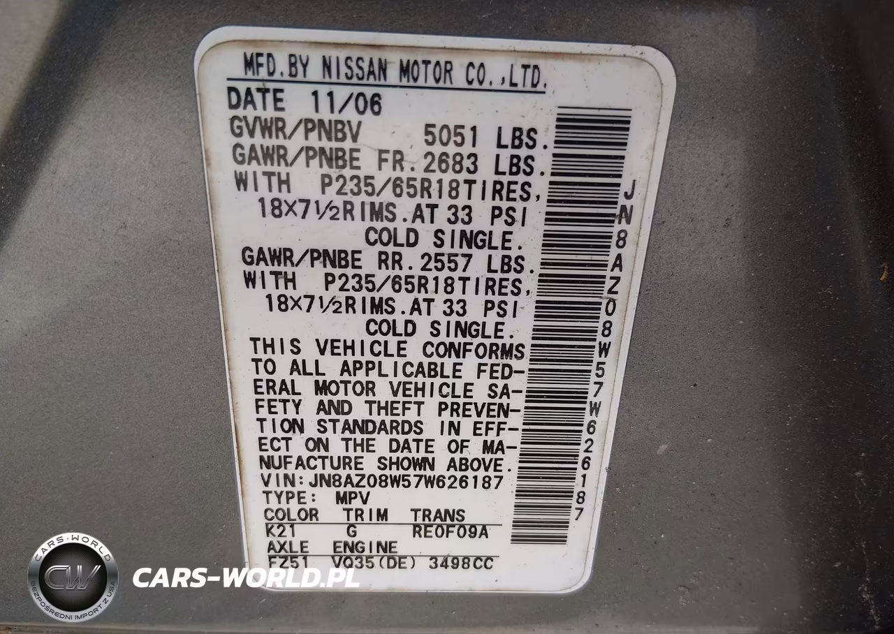 2007 Nissan Murano Sl VIN:JN8AZ08W57W626187 - 9