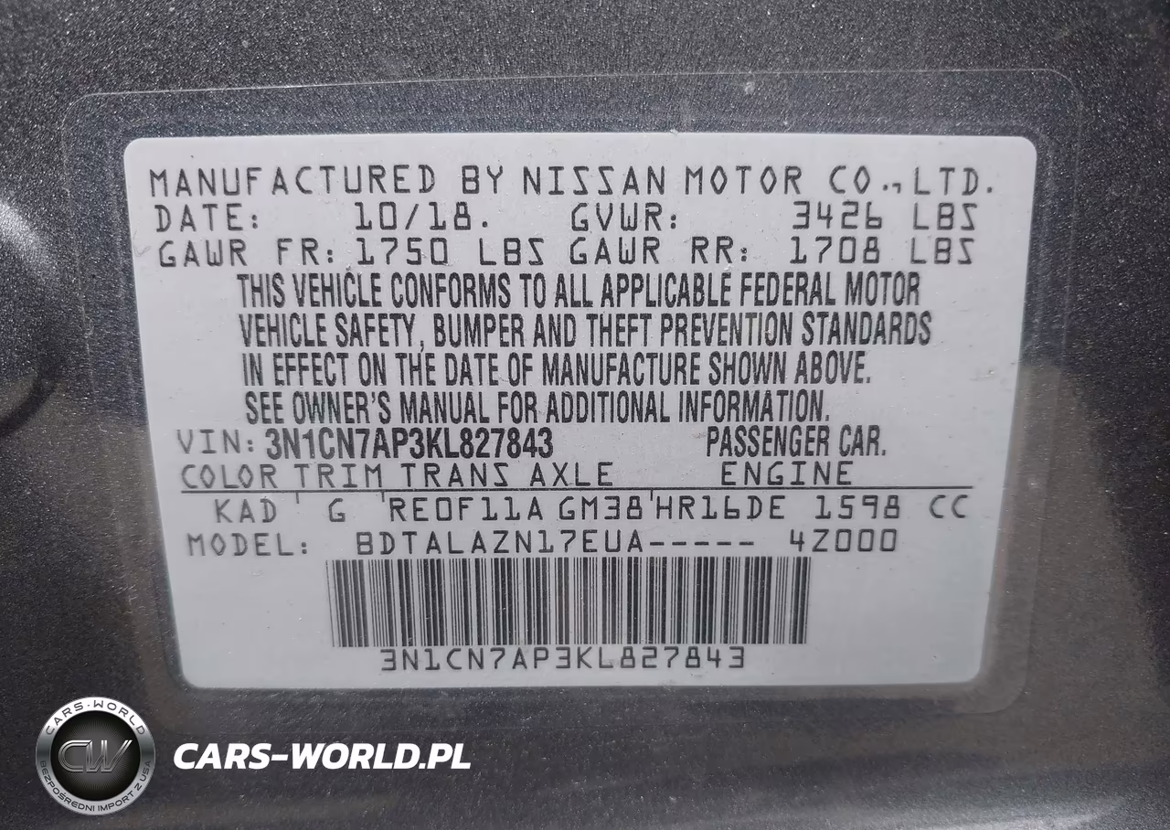 2019 Nissan Versa 1.6 S+ VIN:3N1CN7AP3KL827843 - 9
