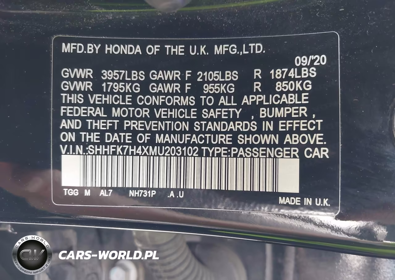 2021 Honda Civic Sport VIN:SHHFK7H4XMU203102 - 9