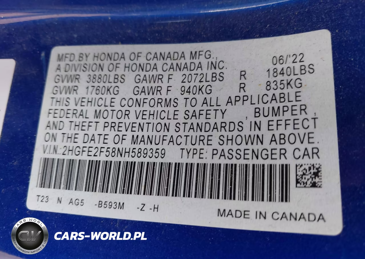 2022 Honda Civic Sport VIN:2HGFE2F58NH589359 - 9