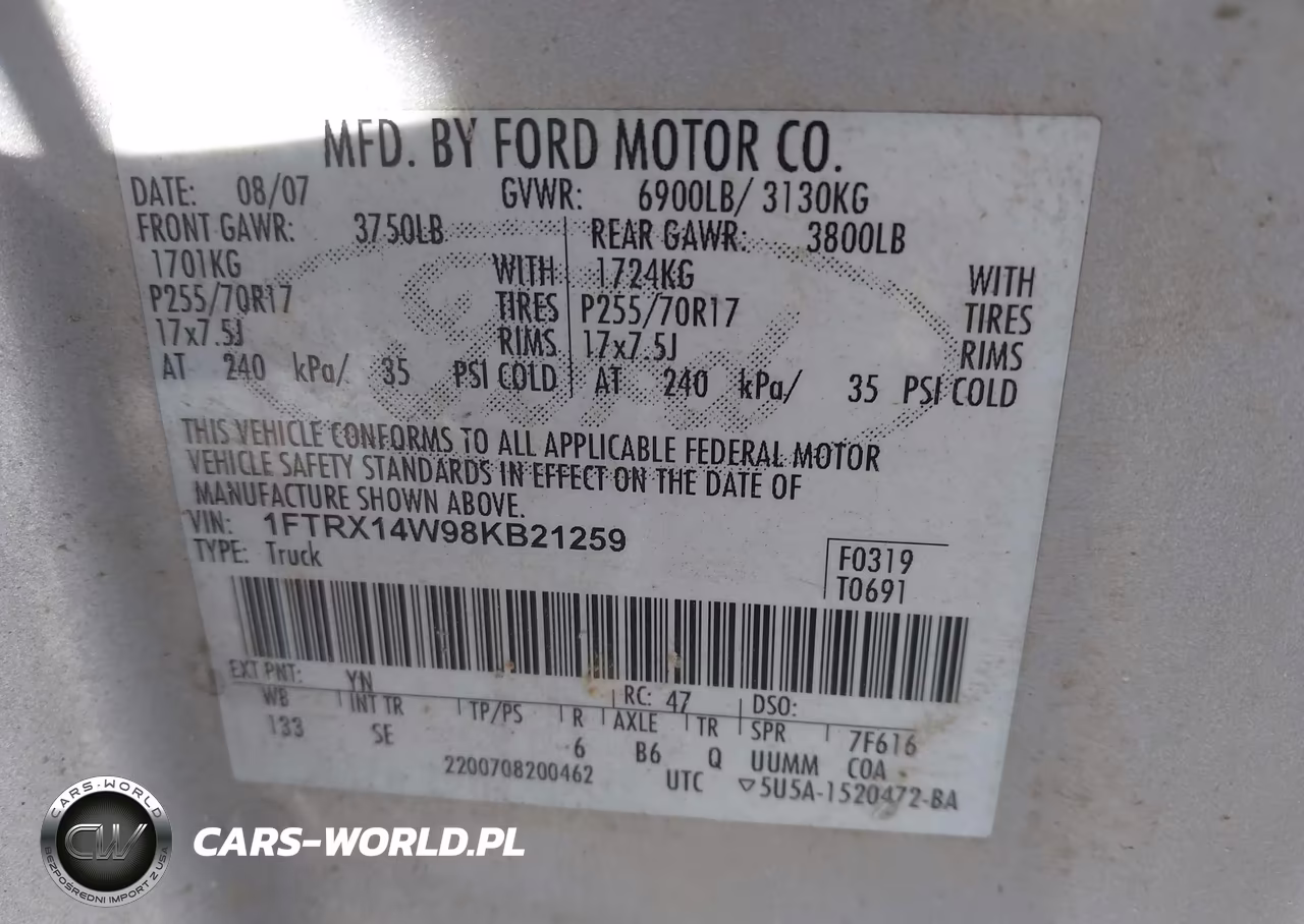 2008 Ford F-150 Stx-Xl-Xlt VIN:1FTRX14W98KB21259 - 9