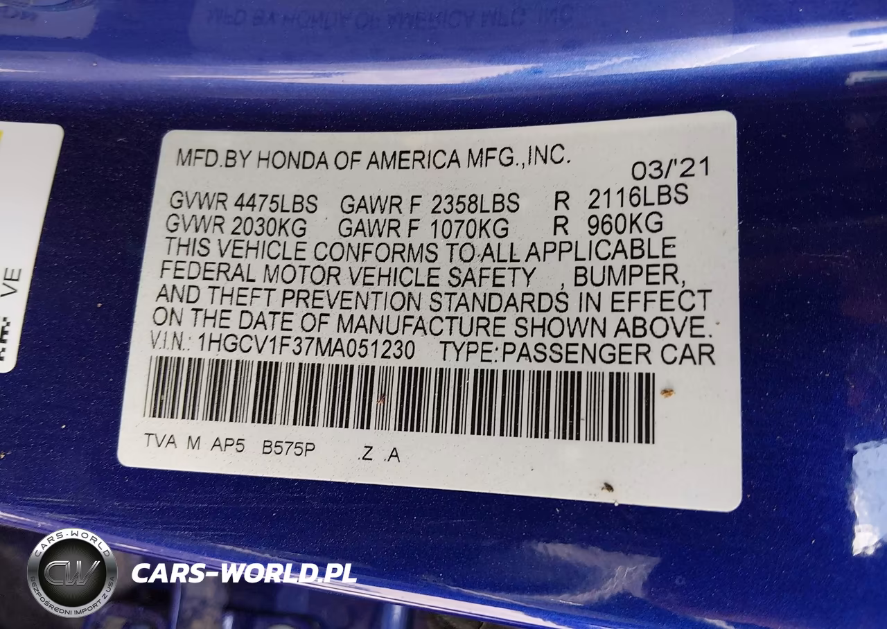 2021 Honda Accord Sport VIN:1HGCV1F37MA051230 - 9
