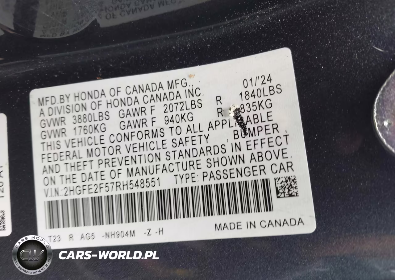 2024 Honda Civic Sport VIN:2HGFE2F57RH548551 - 9