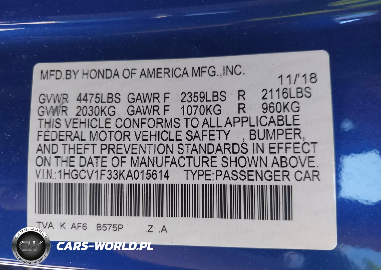 2019 Honda Accord Sport VIN:1HGCV1F33KA015614 - 9