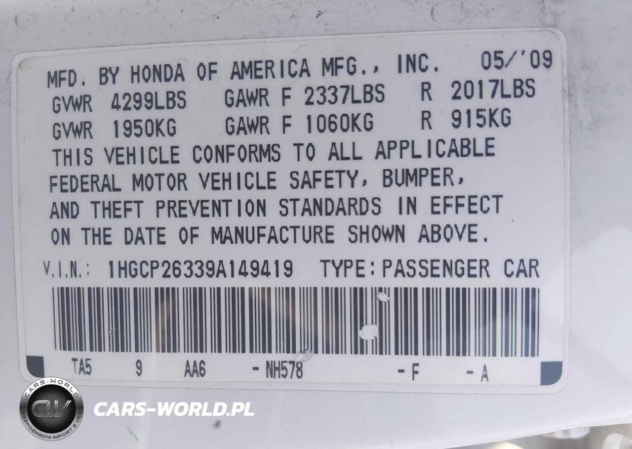 2009 Honda Accord 2.4 Lx VIN:1HGCP26339A149419 - 9
