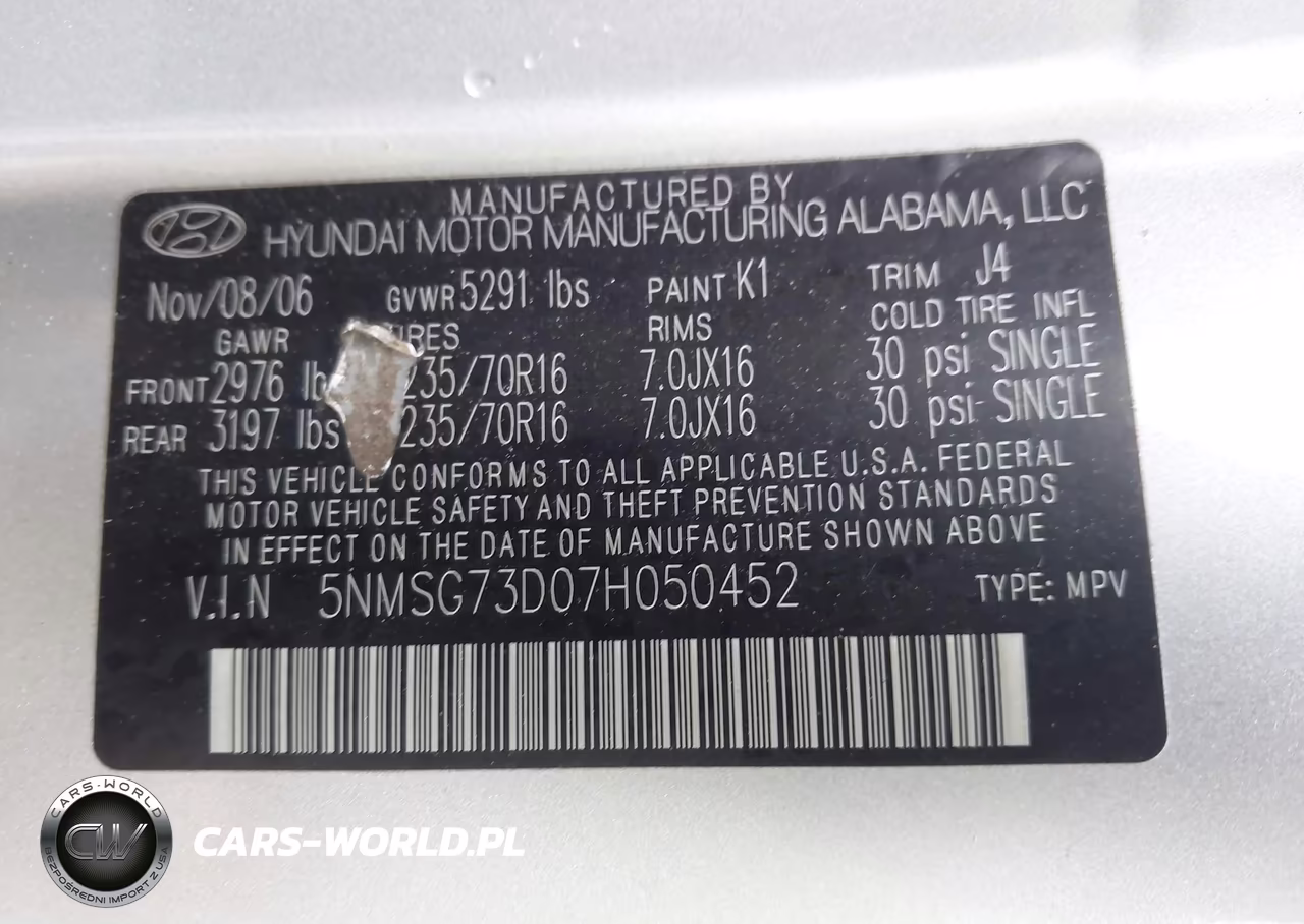 2007 Hyundai Santa Fe Gls VIN:5NMSG73D07H050452 - 9